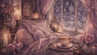 毛布、キャンドル、雪の結晶、温かい飲み物のアイキャッチ
