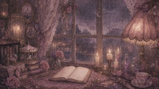 雨の窓、キャンドル、本、温かい灯りのアイキャッチ