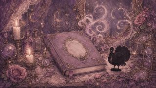 七面鳥のシルエットと魔法の本のアイキャッチ