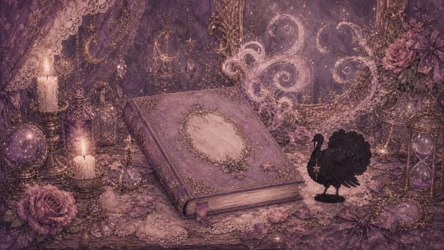 七面鳥のシルエットと魔法の本のアイキャッチ