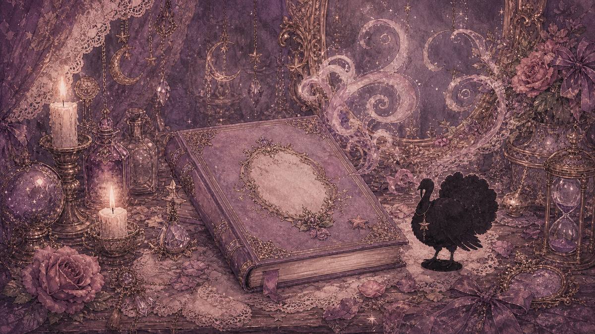 七面鳥のシルエットと魔法の本のアイキャッチ